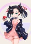  1girl absurdres asymmetrical_bangs asymmetrical_hair bangs black_hair black_jacket black_nails blush breasts choker collarbone commentary_request dress earrings green_eyes hair_ribbon highres holding holding_poke_ball jacket jewelry long_sleeves looking_at_viewer mary_(pokemon) medium_hair open_clothes pink_dress poke_ball pokemon pokemon_(game) pokemon_swsh red_ribbon ribbon small_breasts solo twintails user_uwaz8277 