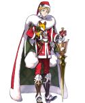  1boy alternate_costume bag bell belt blonde_hair boots bow cape christmas christmas_ornaments fire_emblem fire_emblem:_the_blazing_blade fire_emblem_heroes fox fujisaka_kimihiko full_body fur_trim gloves hat highres leaf official_art santa_costume santa_hat solo stuffed_fox sword transparent_background weapon yellow_eyes younger zephiel_(fire_emblem) 