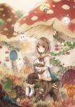  1girl absurdres animal_ears basket brown_hair commentary fantasy highres holding kesaran_pasaran log mushroom original short_hair sitting tukimisou0225 wicker_basket 