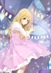  1girl abstract_background absurdres blonde_hair blue_eyes closed_mouth dress highres holding instrument keko_(artist) long_hair long_sleeves looking_at_viewer miyazono_kawori music pink_dress playing_instrument shigatsu_wa_kimi_no_uso smile solo standing two-tone_dress upper_body violin 