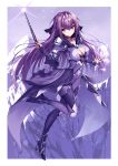  1girl armored_boots bangs bodysuit boots brooch cleavage_cutout covered_nipples fate/grand_order fate_(series) fur_trim hair_between_eyes headpiece heart heirou holding holding_wand jewelry leg_up looking_at_viewer mountain outdoors purple_bodysuit purple_hair red_eyes runes scathach_(fate)_(all) scathach_skadi_(fate/grand_order) smile tiara wand 