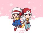  0_0box 1boy 1girl :d baseball_cap blue_coat blush boots brown_eyes brown_hair buttons chibi coat commentary eyelashes green_pants hand_up hat heart long_hair lyra_(pokemon) open_mouth pants pokemon pokemon_(game) pokemon_hgss red_(pokemon) red_footwear red_headwear red_shirt scarf shared_clothes shared_scarf shirt shoes smile teeth tongue twintails upper_teeth_only white_headwear yellow_scarf 