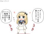  1girl blonde_hair blue_eyes blue_sailor_collar card chibi commentary_request dress full_body gloves goma_(yoku_yatta_hou_jane) hat jervis_(kantai_collection) kantai_collection open_mouth pen sailor_collar sailor_dress sailor_hat short_sleeves simple_background solo standing translated twitter_username white_background white_dress white_gloves white_headwear 
