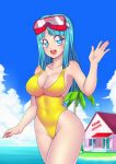  1girl absurdres blue_eyes breasts dragon_ball dragon_ball_z highres long_hair ocean smile swimsuit zeshgolden 