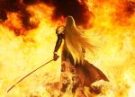  1boy dark_background final_fantasy final_fantasy_vii final_fantasy_vii_remake fire from_behind long_hair official_art sephiroth short_hair shoulder_armor silver_hair solo standing sword very_short_hair weapon 