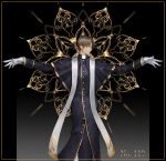  1boy bangs black_background brown_hair buttons cassock closed_eyes closed_mouth collar full_body gloves gradient gradient_background grey_background heshikiri_hasebe highres lace_background long_sleeves male_focus outstretched_arms priest sidelocks simple_background solo standing touken_ranbu user_tejj5554 white_gloves 