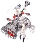  1girl ankle_boots asymmetrical_bangs bangs bare_shoulders bell boots bracelet breasts choker dress eyebrows_visible_through_hair flower frilled_dress frills full_body fur_trim grey_eyes hat high_heel_boots high_heels jewelry ji_no medium_breasts official_art rose scarf sinoalice snow_white_(sinoalice) snowflakes solo top_hat transparent_background white_dress white_hair 