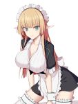  1girl apron bangs black_dress blush breasts collarbone dress elfenlied22 eyebrows_visible_through_hair frills green_eyes highres large_breasts long_hair looking_at_viewer maid maid_headdress original simple_background smile solo thigh-highs white_apron white_background white_legwear 