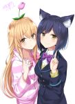  2girls animal_ear_fluff animal_ears artist_name bangs blonde_hair blue_hair blue_jacket blue_skirt blush bow bowtie breasts cat_ears collared_shirt dress_shirt eyebrows_visible_through_hair hair_between_eyes headphones highres holding hood hooded_jacket ienaga_mugi jacket large_breasts light_smile long_hair long_sleeves looking_at_viewer mole mole_under_eye multiple_girls nijisanji pajamas pointing purple_neckwear shirt shizuka_rin short_hair sidelocks simple_background skirt small_breasts striped striped_jacket striped_neckwear takehana_note white_background white_shirt yellow_eyes 