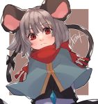 1girl animal_ears black_bow black_skirt black_vest blush bow brown_background capelet diamond-shaped_pupils eyebrows_visible_through_hair grey_hair highres long_sleeves looking_at_viewer mouse_ears mouse_tail nazrin prat_rat red_eyes red_scarf scarf scarf_bow shirt short_hair signature skirt solo symbol-shaped_pupils tail tail_bow touhou upper_body vest white_shirt 
