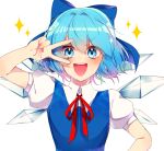  1girl :d artist_request bangs blue_bow blue_dress blue_eyes blue_hair blush bow cirno diamond_(shape) dress dress_shirt eyebrows_visible_through_hair eyes_visible_through_hair hair_between_eyes hair_bow hair_intakes heart heart_in_eye highres ice ice_wings looking_at_viewer open_mouth pinafore_dress puffy_short_sleeves puffy_sleeves red_neckwear red_ribbon ribbon shiny shiny_hair shirt short_hair short_sleeves smile solo sparkle sparkling_eyes star star_in_eye symbol_in_eye touhou upper_body v-shaped_eyebrows v_over_eye white_background white_shirt wing_collar wings 