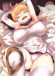  1girl ahoge anila_(granblue_fantasy) arms_up blonde_hair bound bound_wrists breasts breasts_apart commentary_request gloves granblue_fantasy highres horns kztk large_breasts laughing long_hair open_mouth panties revision sheep_horns skindentation solo thick_eyebrows thick_thighs thigh-highs thighs tickling underwear white_gloves white_legwear white_panties wince 