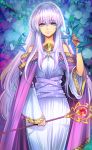  1girl closed_mouth copyright_name dress fire_emblem fire_emblem:_genealogy_of_the_holy_war fire_emblem_cipher holding holding_staff julia_(fire_emblem) leaf long_hair long_sleeves purple_hair solo staff toyo_sao violet_eyes wide_sleeves 