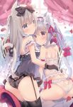  2girls animal_ears ass bangs bare_shoulders black_bow black_gloves black_legwear black_panties blush bow breasts brown_eyes bustier cat_ears cat_girl cat_tail closed_mouth commentary_request eyebrows_visible_through_hair frilled_panties frills garter_straps gloves grey_eyes grey_hair hair_between_eyes hair_bow long_hair looking_at_viewer looking_back medium_breasts multiple_girls original panties parted_lips petals red_bow shibainu_niki sitting tail tail_bow thigh-highs twintails underwear underwear_only very_long_hair wariza white_legwear white_panties 