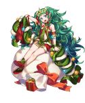  1girl christmas_ornaments fire_emblem fire_emblem:_three_houses fire_emblem_heroes full_body fur_trim green_eyes green_hair hair_ornament highres long_hair maiponpon official_art pointy_ears shoes simple_background solo sothis_(fire_emblem) tiara transparent_background 