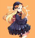  1girl abigail_williams_(fate/grand_order) bangs black_bow black_dress black_headwear blush bow character_name coll_(erichankun) commentary_request dress fate/grand_order fate_(series) long_hair looking_at_viewer multiple_bows object_hug orange_background orange_bow parted_bangs polka_dot polka_dot_bow simple_background sleeves_past_fingers sleeves_past_wrists solo stuffed_animal stuffed_toy teddy_bear 