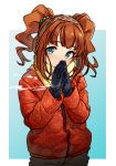  1girl absurdres aqua_eyes blush breath brown_hair coat cowboy_shot earmuffs eyebrows_visible_through_hair gloves hair_bobbles hair_ornament hands_together highres idolmaster idolmaster_(classic) jacket kakaobataa long_hair looking_at_viewer open_mouth own_hands_together pants scarf sidelocks solo takatsuki_yayoi twintails two-tone_background winter_clothes winter_coat 