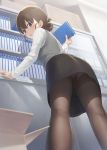  1girl bangs black_skirt blue_eyes blush brown_hair folded_ponytail folder from_behind grey_vest gusset indoors iya_na_kao_sare_nagara_kozukuri_sasete_moraitai long_sleeves looking_at_viewer looking_back mikazuchi_zeus miru_tights open_mouth original panties panties_under_pantyhose pantyhose shirt skirt solo underwear vest white_panties white_shirt 