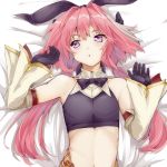  1boy astolfo_(fate) astolfo_(saber)_(fate) bangs bare_shoulders belt black_bow black_gloves black_neckwear black_ribbon black_shirt blush bow bowtie crop_top fate/grand_order fate_(series) gloves hair_between_eyes hair_bow hair_intakes hair_ribbon highres long_hair long_sleeves looking_to_the_side low_twintails lying midriff multicolored_hair navel on_back otoko_no_ko parted_lips pink_hair ribbon shirt shochiku solo streaked_hair twintails violet_eyes white_hair wide_sleeves wing_collar 