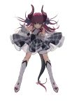  &gt;:) 1girl absurdres bangs bare_shoulders blue_eyes boots bow closed_mouth curled_horns detached_sleeves dragon_girl dragon_horns dragon_tail elizabeth_bathory_(fate) elizabeth_bathory_(fate)_(all) eyebrows_behind_hair fate/extra fate/extra_ccc fate_(series) full_body grey_skirt hair_ribbon hand_on_hip highres holding holding_microphone horns knee_boots leaning_forward legs_apart long_hair long_sleeves looking_at_viewer microphone pink_bow pink_hair plaid plaid_skirt pleated_skirt pointy_ears purple_ribbon ribbon shirt simple_background skirt sleeveless sleeveless_shirt smile solo spiked_boots spikes tail tail_bow underskirt v-shaped_eyebrows very_long_hair white_background white_footwear white_shirt white_sleeves zhibuji_loom 