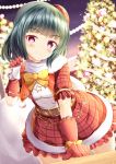  &gt;:) 1girl aihara_tsubaki bangs blush bow breasts christmas christmas_lights christmas_ornaments christmas_tree closed_mouth commentary_request elbow_gloves eyebrows_visible_through_hair fur-trimmed_skirt gloves green_hair highres holding holding_sack ongeki plaid plaid_hat plaid_skirt puffy_short_sleeves puffy_sleeves red_gloves red_headwear red_skirt red_vest sack santa_costume santa_dress shirt short_sleeves skirt small_breasts smile solo star tilted_headwear v-shaped_eyebrows vest violet_eyes white_shirt yellow_bow zenon_(for_achieve) 