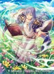  1girl blue_sky book company_name copyright_name day dress field fire_emblem fire_emblem:_genealogy_of_the_holy_war fire_emblem_cipher flower flower_field full_body julia_(fire_emblem) long_hair long_sleeves nagahama_megumi official_art open_book outdoors parted_lips purple_hair sky solo violet_eyes wide_sleeves 