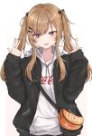  1girl absurdres alternate_costume bangs black_jacket blush brown_eyes brown_hair clothes_writing coca-cola double_v eyebrows_visible_through_hair fanny_pack girls_frontline hair_ornament hair_ribbon hairclip highres hood hood_down hoodie jacket long_hair long_sleeves mango_(mgo) open_mouth pocket ribbon scar scar_across_eye sidelocks simple_background solo twintails ump9_(girls_frontline) v white_background white_hoodie zipper 