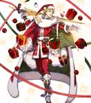  1boy alternate_costume bag bell belt blonde_hair boots bow cape christmas christmas_ornaments fire_emblem fire_emblem:_the_blazing_blade fire_emblem_heroes fox fujisaka_kimihiko full_body fur_trim gift gloves hat highres leaf official_art open_mouth santa_costume santa_hat solo sparkle stuffed_fox sword teeth transparent_background weapon yellow_eyes younger zephiel_(fire_emblem) 