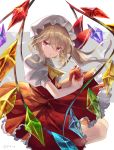  1girl apple bat blonde_hair bow crystal eyebrows_visible_through_hair flandre_scarlet food frilled_skirt frills fruit full_body glaring hat highres looking_to_the_side medium_hair mob_cap one_side_up puffy_short_sleeves puffy_sleeves rakulog red_bow red_eyes red_ribbon red_skirt red_vest ribbon shirt short_sleeves side_ponytail skirt solo touhou vest white_shirt wings yellow_neckwear 