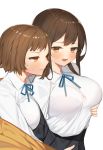  absurdres blue_skirt breasts brown_eyes brown_hair collared_shirt fang fang_out grin highres jam_(nandade) large_breasts light_brown_hair long_hair open_mouth original pleated_skirt school_uniform shirt short_hair skirt smile white_background white_shirt 