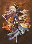  1girl 2boys blue_eyes blue_hair cape chain circlet deirdre_(fire_emblem) dress father_and_son fire_emblem fire_emblem:_genealogy_of_the_holy_war flag gloves hand_on_own_chest headband holding holding_sword holding_weapon husband_and_wife jewelry lavender_hair long_hair mother_and_son multiple_boys own_hands_together ponytail red-50869 seliph_(fire_emblem) sheath short_hair sigurd_(fire_emblem) simple_background sword tyrfing_(fire_emblem) violet_eyes weapon 