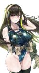  1girl absurdres alternate_breast_size arkasha assault_rifle bangs black_hair black_legwear blue_swimsuit blush breasts closed_mouth clothes_writing competition_swimsuit eyebrows_visible_through_hair girls_frontline green_eyes green_hair gun headphones highres large_breasts long_hair m4_carbine m4a1_(girls_frontline) multicolored_hair one-piece_swimsuit pouch rifle simple_background solo streaked_hair swimsuit thigh-highs weapon wet white_background 