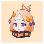  1girl abigail_williams_(fate/grand_order) bangs belt belt_buckle black_bow blue_eyes blush_stickers bow brown_background buckle character_name closed_mouth commentary_request copyright_name crossed_bandaids eyebrows_visible_through_hair fate/grand_order fate_(series) hair_bow hair_bun heroic_spirit_festival_outfit high_collar light_brown_hair looking_away orange_belt orange_bow panco_neco parted_bangs polka_dot polka_dot_bow portrait smile solo 