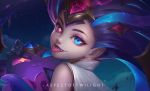  1girl alternate_costume alternate_eye_color alternate_hair_color blue_eyes blue_hair headpiece heterochromia highlights highres league_of_legends looking_at_viewer looking_back multicolored_hair octopus purple_hair red_eyes star star_guardian_(league_of_legends) star_guardian_zoe starry-hp starry_background streaked_hair tongue tongue_out zoe_(league_of_legends) 