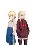  2girls absurdres ahoge artoria_pendragon_(all) bangs black_legwear blonde_hair blouse blue_bow blue_neckwear blue_ribbon blue_skirt bow braid brown_hoodie collared_shirt contemporary cowboy_shot crown_braid er_ci_gudu eyebrows_visible_through_hair fate/grand_order fate_(series) green_eyes hair_bow hands_in_pockets high-waist_skirt highres long_sleeves looking_at_viewer mouth_hold multiple_girls open_mouth pantyhose pink_sweater ponytail ribbon saber saber_alter shirt side-by-side simple_background skirt supreme sweater sword thigh-highs turtleneck turtleneck_sweater weapon white_background white_shirt wooden_sword yellow_eyes zettai_ryouiki 