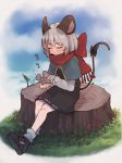  1girl animal animal_ears black_bow black_footwear black_skirt black_vest blush bow capelet closed_eyes clouds commentary_request eyebrows_visible_through_hair full_body grass grey_hair highres holding holding_animal long_sleeves mouse mouse_ears mouse_tail nazrin outdoors petting prat_rat red_scarf scarf scarf_bow shirt shoes short_hair sitting skirt sky socks tail tail_bow touhou tree_stump vest white_legwear white_shirt 