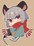  1girl absurdres animal_ears black_bow blush_stickers bow brown_background capelet chibi commentary_request covered_mouth eyebrows_visible_through_hair full_body grey_hair highres jewelry looking_at_viewer mouse_ears mouse_tail nazrin pendant prat_rat red_eyes red_scarf scarf scarf_bow short_hair solo tail tail_bow touhou 