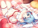  1girl :d animal_ears babydoll bare_shoulders blue_eyes blue_hair collarbone commentary_request fur_trim hands_up heart heart_pillow knees_up lingerie long_hair looking_at_viewer lying navel on_back on_bed open_mouth original panties pillow plaid rabbit_ears smile solo stomach suimya thigh_strap thighs twintails underwear underwear_only white_panties 