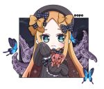  1girl abigail_williams_(fate/grand_order) artist_name bangs black_bow black_dress black_headwear blonde_hair bow bug butterfly chibi closed_mouth commentary_request dress fate/grand_order fate_(series) green_eyes hair_bow hat holding holding_stuffed_animal insect long_hair long_sleeves orange_bow parted_bangs polka_dot polka_dot_bow popo_(popopuri) sleeves_past_fingers sleeves_past_wrists solo stuffed_animal stuffed_toy suction_cups tears teddy_bear tentacles upper_body very_long_hair wavy_mouth 