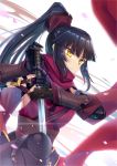  1girl absurdres black_hair fate/grand_order fate_(series) gu_li highres huge_filesize katana katou_danzou_(fate/grand_order) long_hair petals ponytail scarf sword weapon yellow_eyes 