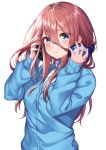  1girl absurdres blue_cardigan blue_hair blush breasts brown_hair closed_mouth eyebrows_visible_through_hair eyes_visible_through_hair fingernails go-toubun_no_hanayome hair_between_eyes hands_up headphones headphones_around_neck highres long_fingernails long_hair long_sleeves looking_at_viewer medium_breasts nakano_miku nao_(okt8538) simple_background smile solo upper_body white_background 