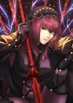  1girl bodysuit breasts covered_navel fate/grand_order fate_(series) gae_bolg highres holding holding_weapon large_breasts leotard long_hair looking_back parted_lips pauldrons polearm purple_bodysuit purple_hair purple_leotard red_eyes scathach_(fate)_(all) scathach_(fate/grand_order) shoulder_armor solo_focus spear veil weapon yuragi_zora 