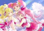  3girls :d aida_mana bike_shorts blonde_hair blue_sky choker closed_mouth clouds cure_heart cure_melody cure_star day dokidoki!_precure earrings frilled_skirt frills hairband heart heart_earrings hoshi_(xingspresent) hoshina_hikaru houjou_hibiki jewelry long_hair looking_at_viewer magical_girl midriff multiple_girls open_mouth pink_choker pink_eyes pink_footwear pink_hair pink_hairband pink_skirt ponytail precure rainbow skirt sky smile star_twinkle_precure suite_precure twintails violet_eyes 
