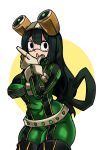  1girl asui_tsuyu belt black_eyes bodysuit boku_no_hero_academia boots bow_by_hair breasts brown_gloves chin_stroking facepaint frog_girl gloves goggles goggles_on_head green_bodysuit green_hair hair_rings highres large_breasts long_hair low-tied_long_hair solo thick_thighs thigh-highs thigh_boots thighs very_long_hair zana 