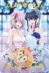  2girls alternate_costume artist_request black_hair blue_dress blue_eyes bouquet breasts bridal_veil cowboy_shot dress earrings flower hair_flower hair_ornament highres jewelry large_breasts lavender_hair long_hair looking_at_viewer medium_breasts multiple_girls official_art pink_dress red_eyes shinjou_akane short_hair smile ssss.gridman stained_glass takarada_rikka tiara veil wedding_dress wife_and_wife yuri 