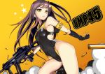  1girl armband asymmetrical_gloves black_gloves brown_eyes brown_hair character_name commentary_request competition_swimsuit girls_frontline gloves gradient gradient_background gun h&amp;k_ump45 looking_at_viewer one-piece_swimsuit one_side_up ryuu_tou scar scar_across_eye shell_casing solo submachine_gun swimsuit ump45_(girls_frontline) weapon yellow_background 