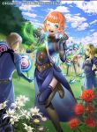  1boy 2girls annette_fantine_dominic blue_eyes blue_sky clouds company_name copyright_name day dress fire_emblem fire_emblem:_three_houses fire_emblem_cipher flower from_behind gloves misa_tsutsui multiple_girls official_art one_eye_closed open_mouth orange_hair outdoors short_hair sky thigh-highs twintails 