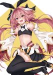  1boy absurdres astolfo_(fate) astolfo_(saber)_(fate) bangs bare_shoulders belt black_bow black_gloves black_legwear black_neckwear black_ribbon black_shirt black_skirt blush bow bowtie crop_top fate/grand_order fate_(series) faulds gloves hair_between_eyes hair_bow hair_intakes hair_ribbon highres long_hair long_sleeves looking_at_viewer low_twintails midriff multicolored_hair navel open_mouth otoko_no_ko pink_hair pleated_skirt ribbon rokita shirt skirt smile solo streaked_hair thigh-highs thighs twintails violet_eyes white_hair wide_sleeves wing_collar 