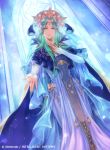  1girl company_name copyright_name crown dress fgo_ave fire_emblem fire_emblem:_three_houses fire_emblem_cipher flower green_eyes green_hair hair_flower hair_ornament long_hair official_art parted_lips rhea_(fire_emblem) solo tiara 