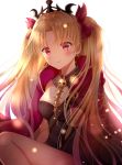  1girl bangs between_breasts blonde_hair blush bow breasts cape commentary_request earrings ereshkigal_(fate/grand_order) eyebrows_visible_through_hair fate/grand_order fate_(series) hair_ribbon highres jewelry long_hair looking_at_viewer medium_breasts nasii parted_bangs red_eyes ribbon simple_background skull smile solo tiara two_side_up very_long_hair white_background 